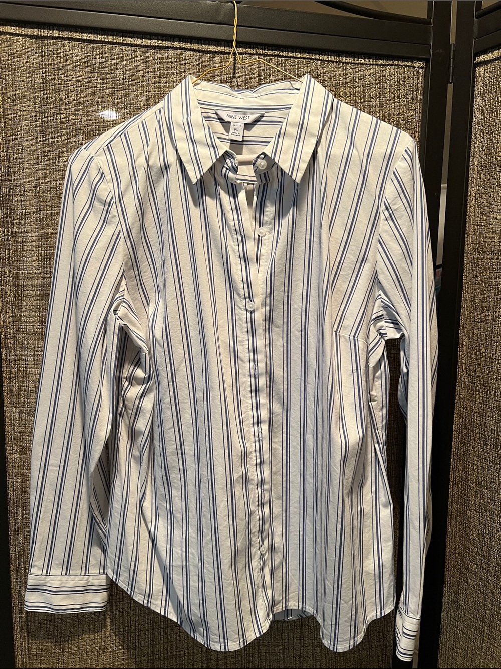 Nine West White and Blue Striped Button-Down Shirt - Petite